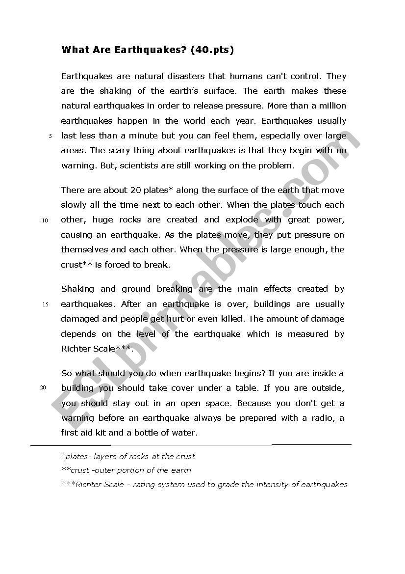 What are earthquakes worksheet