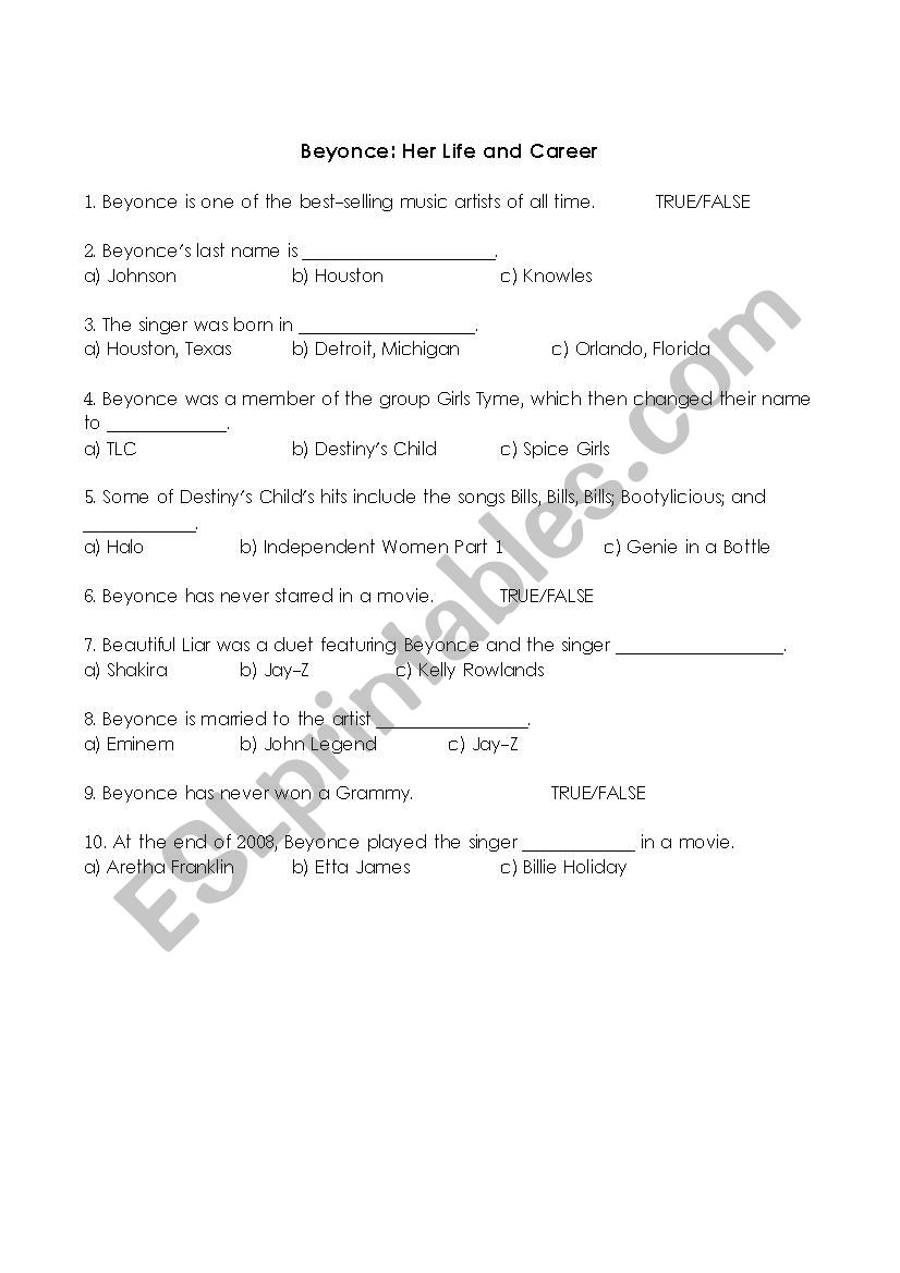 Beyonce: Her Life and Career Worksheet