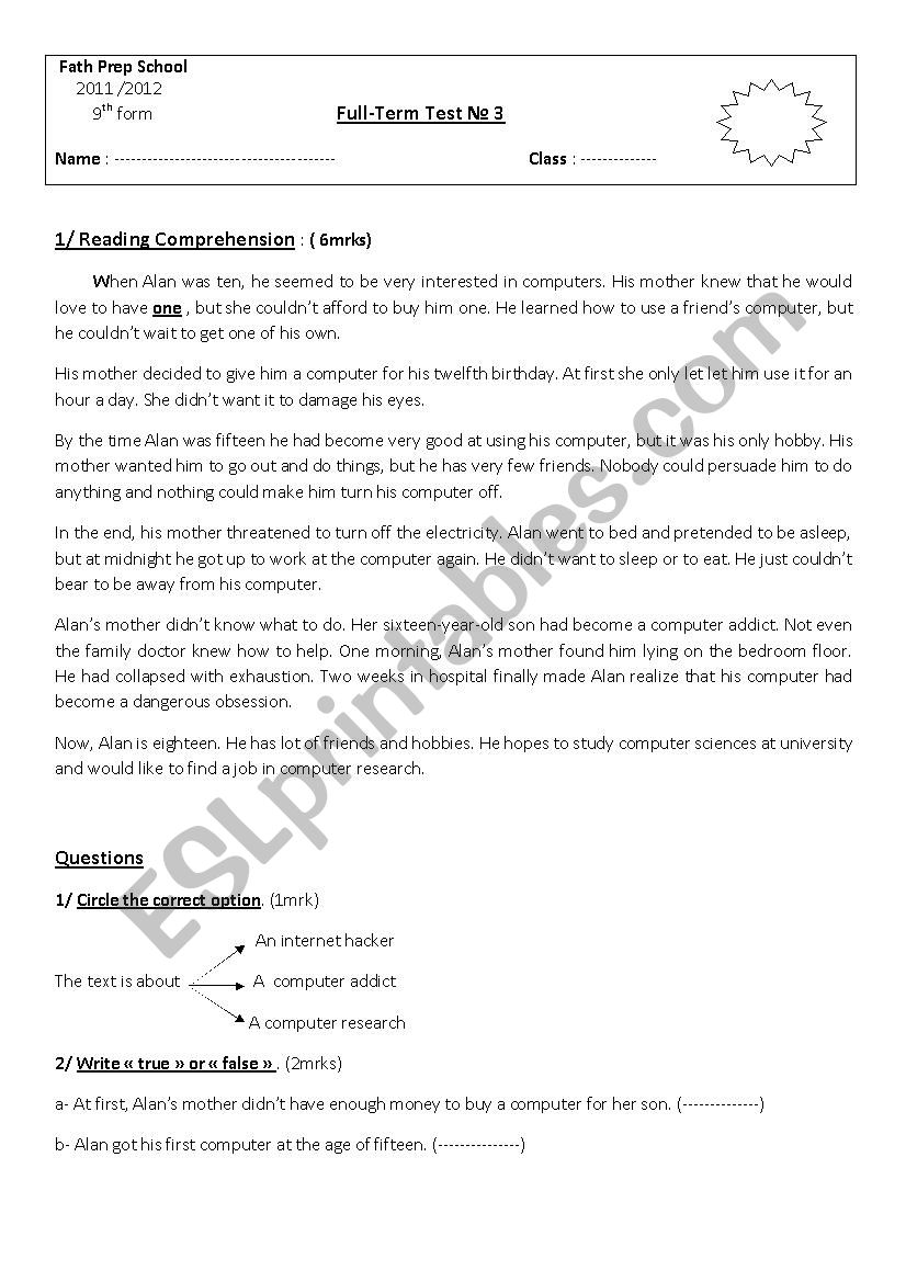 end of term test n3 9th form worksheet