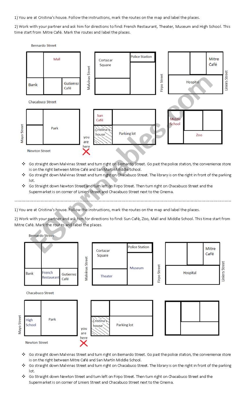 asking for and giving directions - ESL worksheet by Aracelicasti Within Following Directions Worksheet Middle School