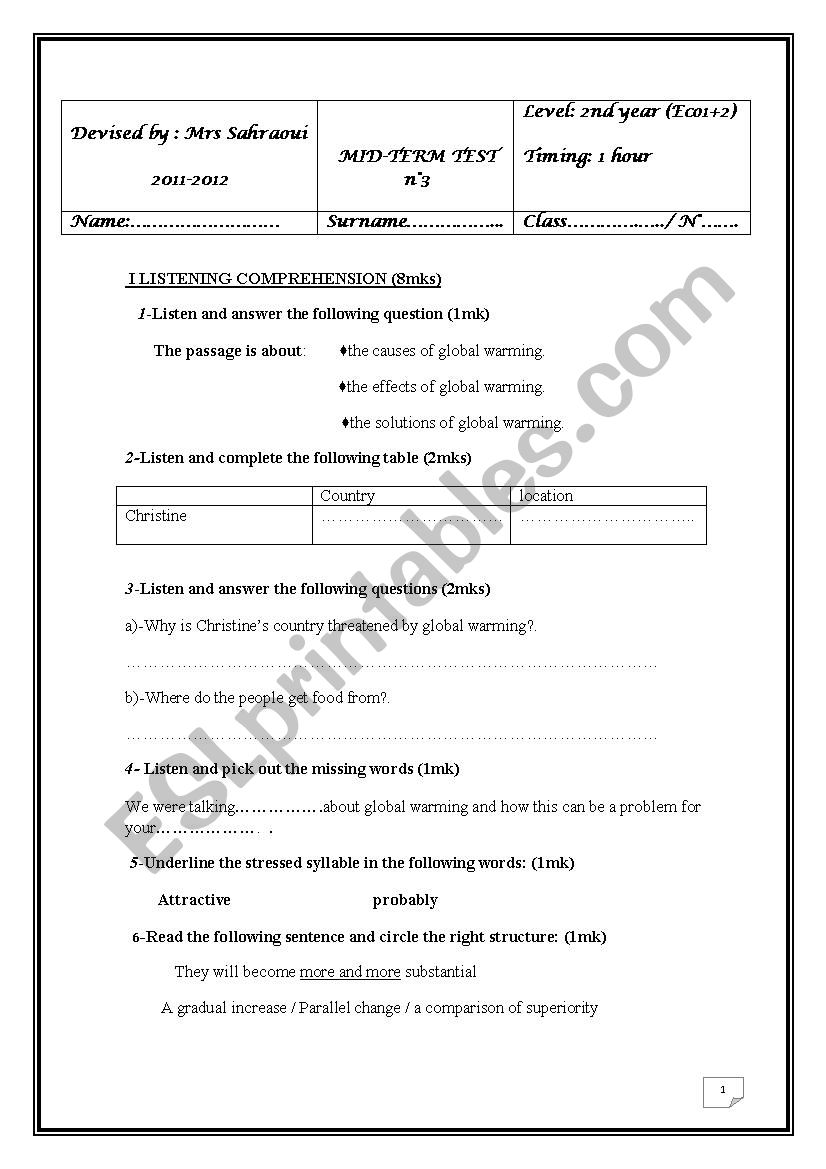 Mid term test n 3 worksheet