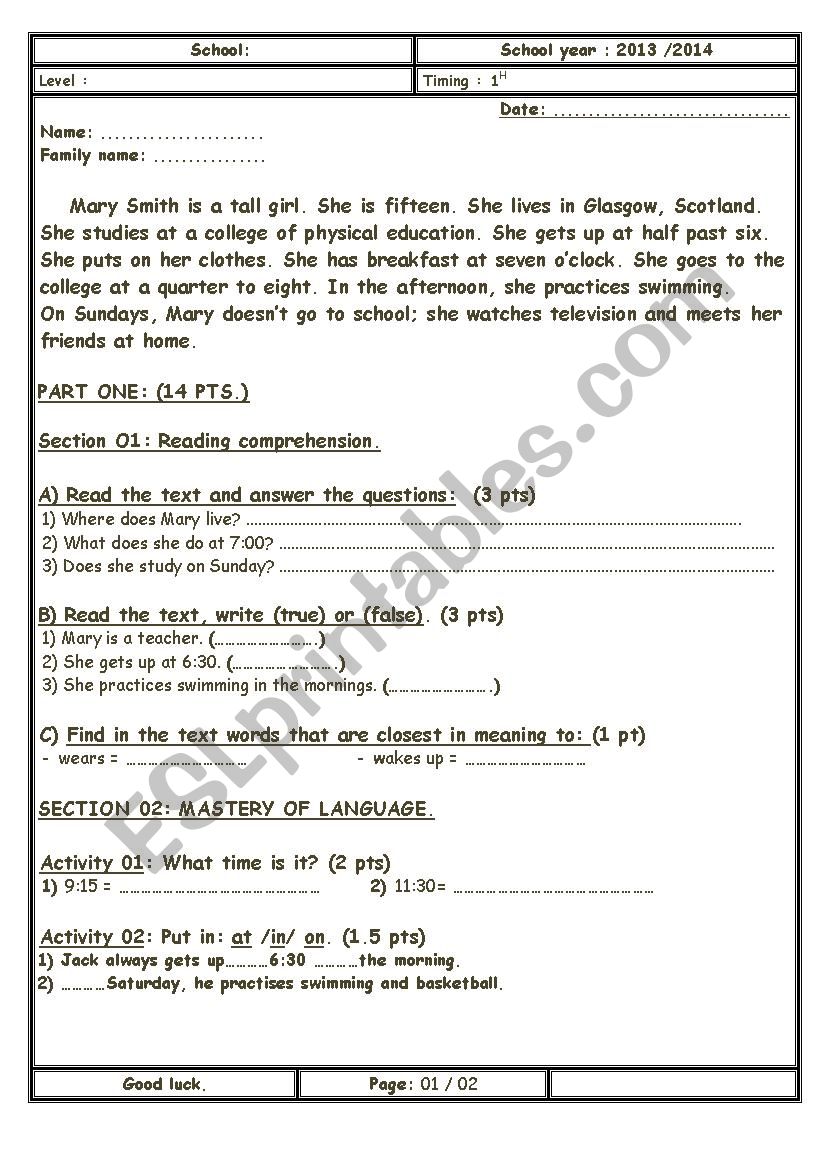 Test about daily routines  worksheet