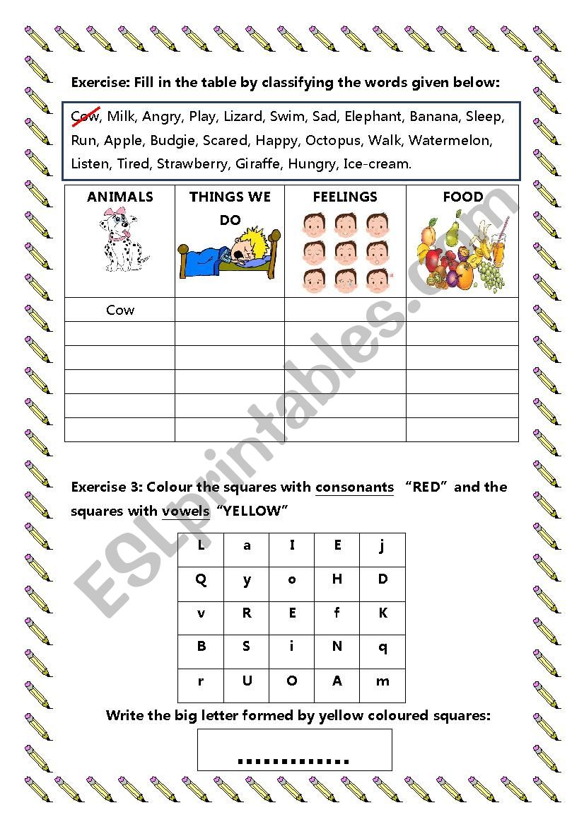 classifying the words, verbs, animals, feelings and food