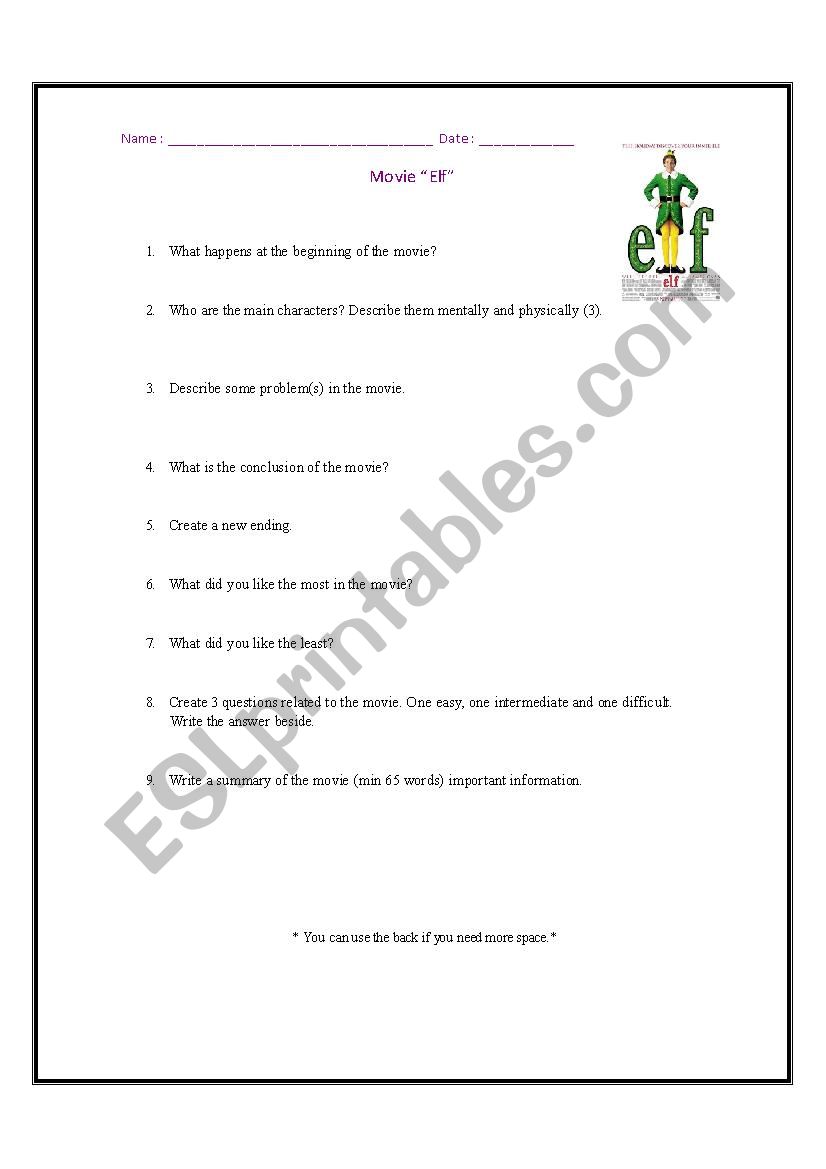 Movie Elf  worksheet