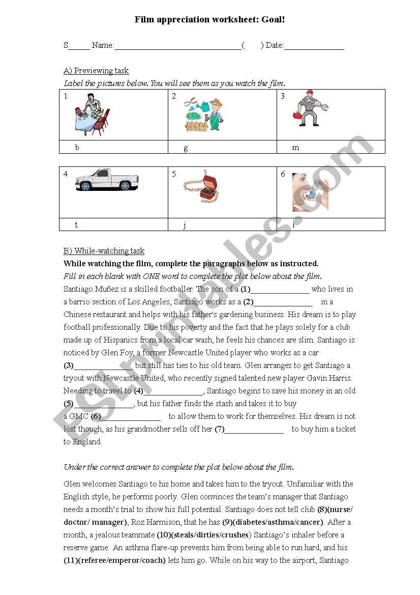 Film appreciation worksheet: Goal!