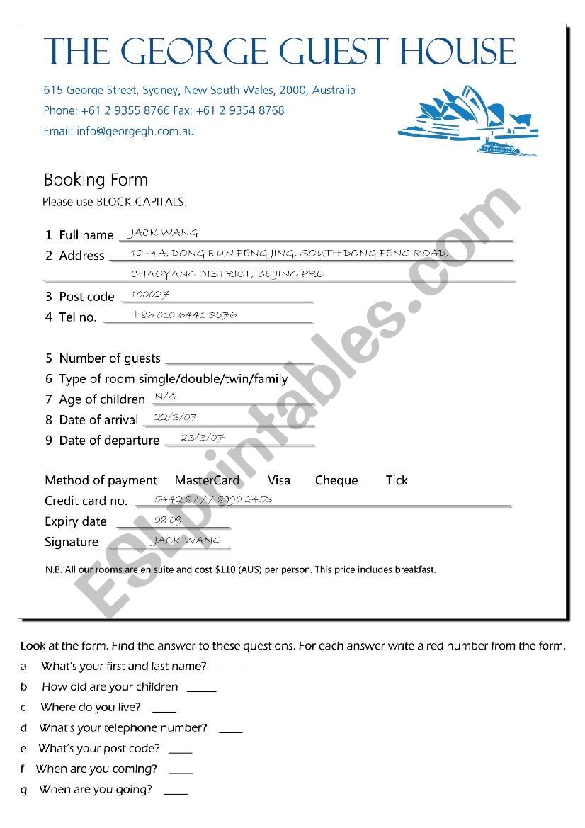 Writing - hotel form worksheet