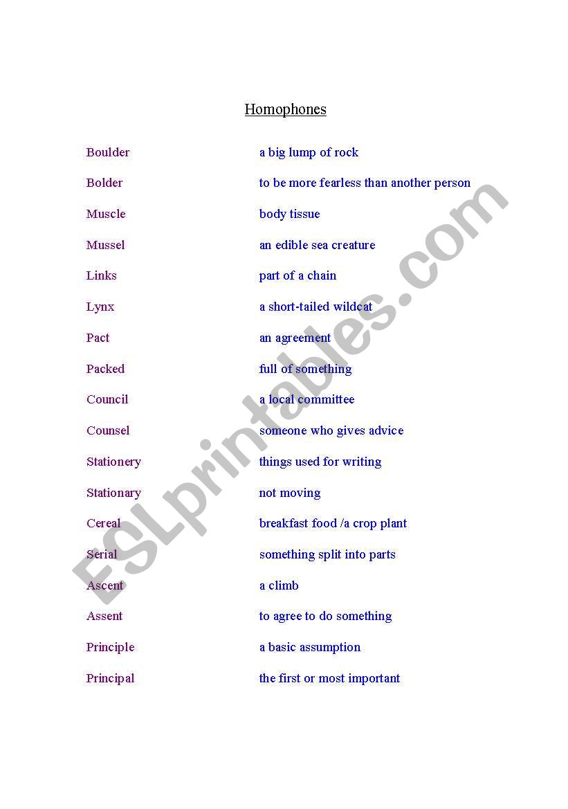 homophones match--up worksheet