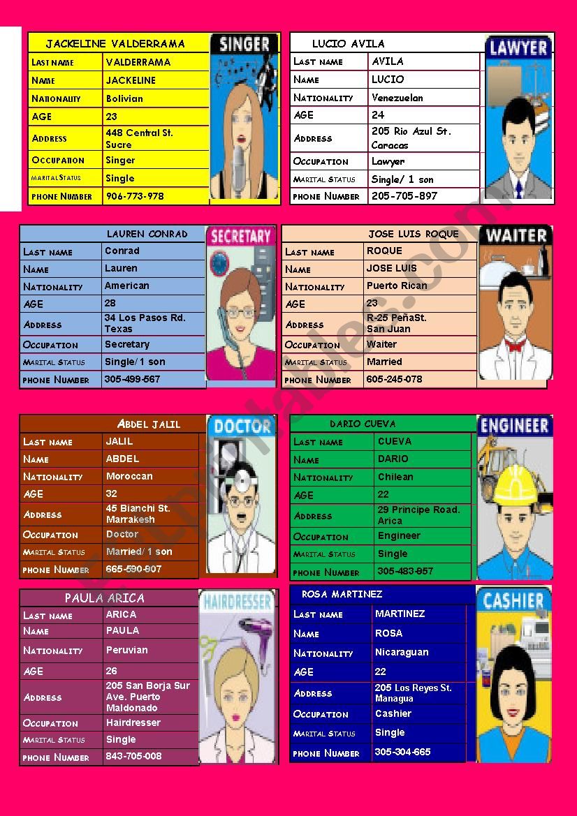 PERSONAL INFORMATION CARDS - 8TH SET
