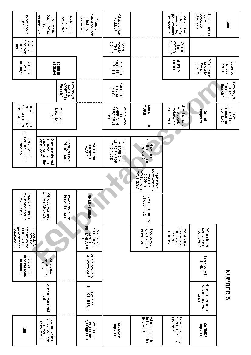 speaking board game number 5 worksheet