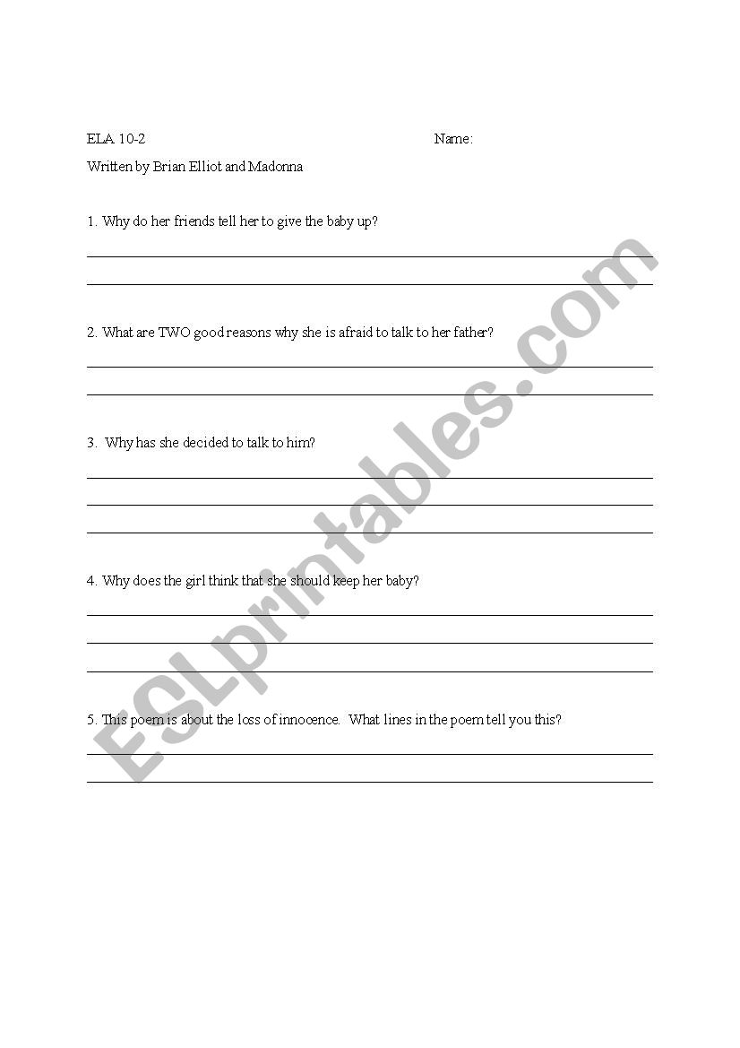 Papa Dont Preach Questions worksheet