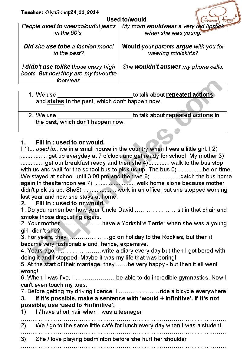 used to or would worksheet