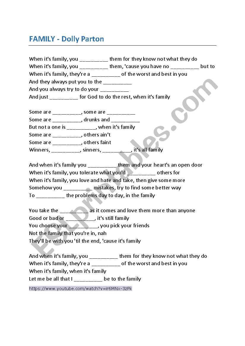 It´s Family by Dolly Parton ESL worksheet by EnglishDirect
