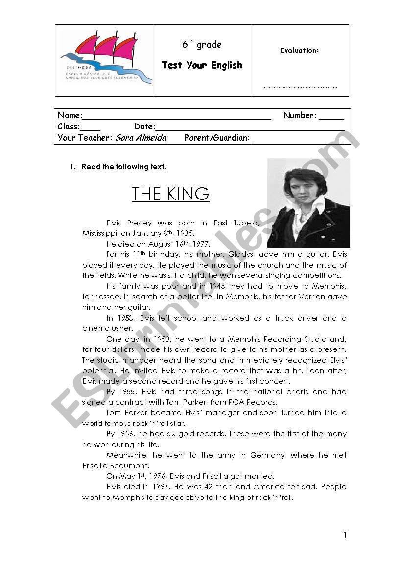 elsvis presley 6th grade test worksheet