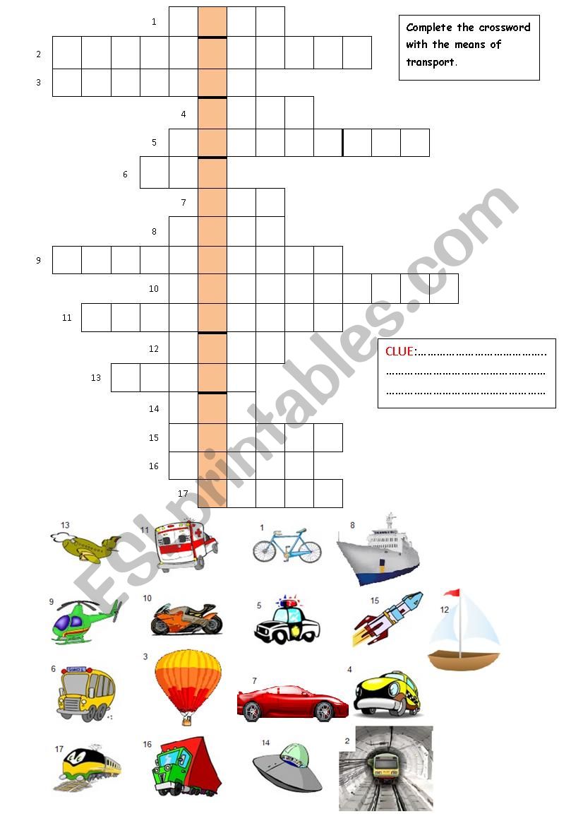 Means of transport- crossword worksheet