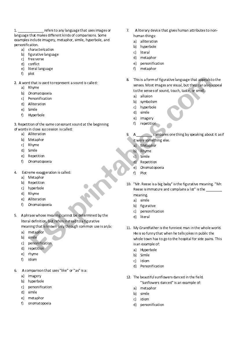 Figurative Language Test worksheet