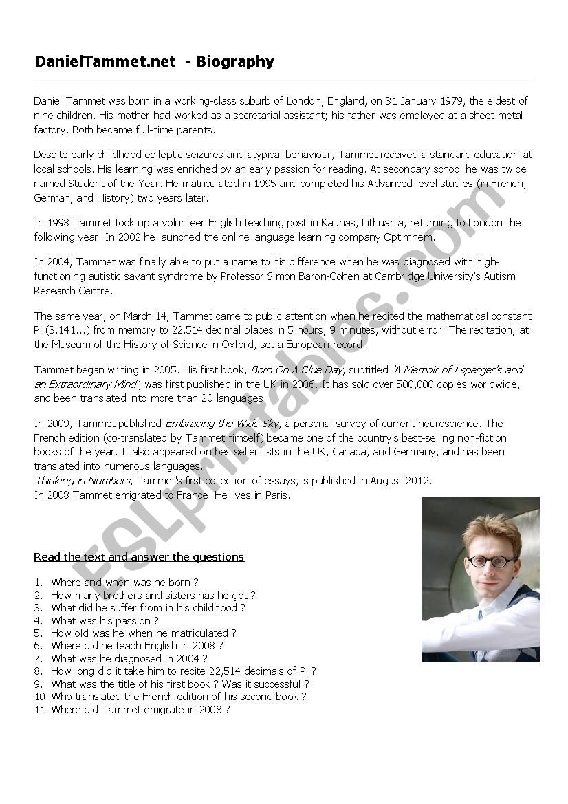 A biography  : Daniel Tammet worksheet