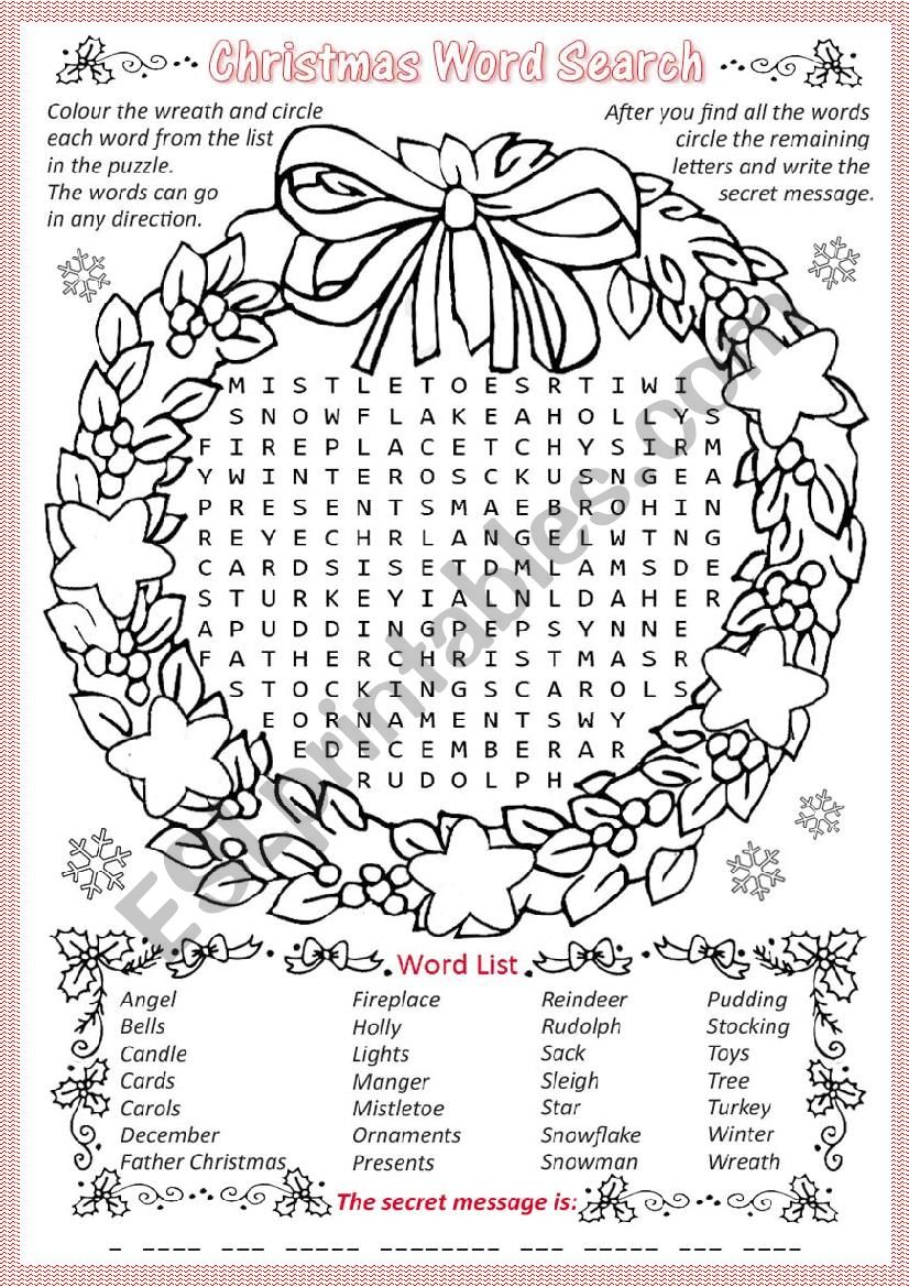 Wreath word search worksheet