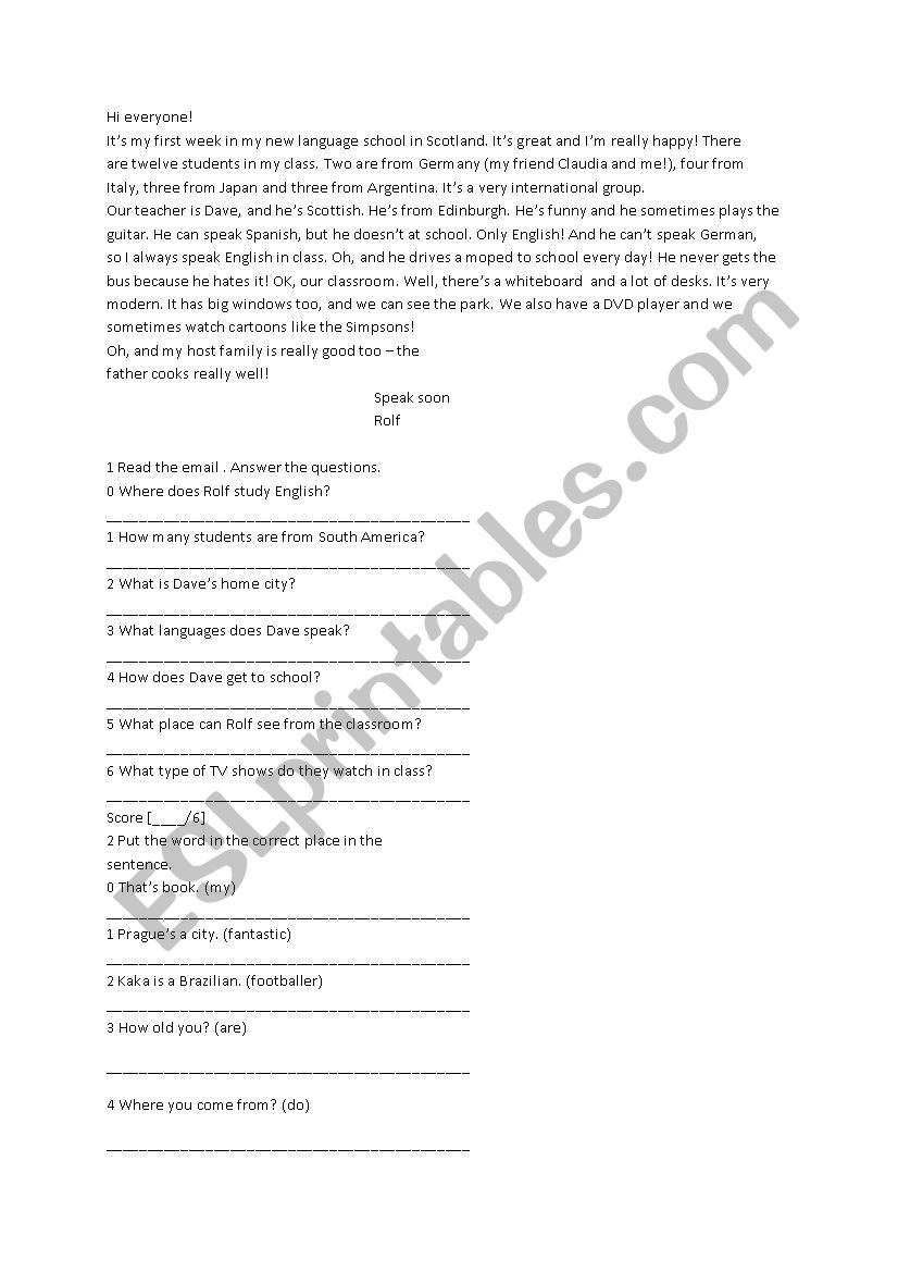 reading comprehension worksheet