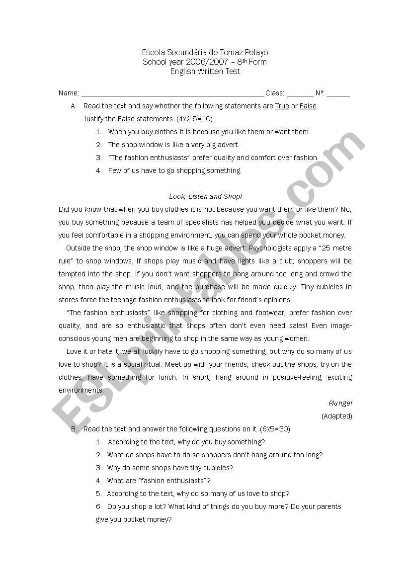 Test - 8th year worksheet