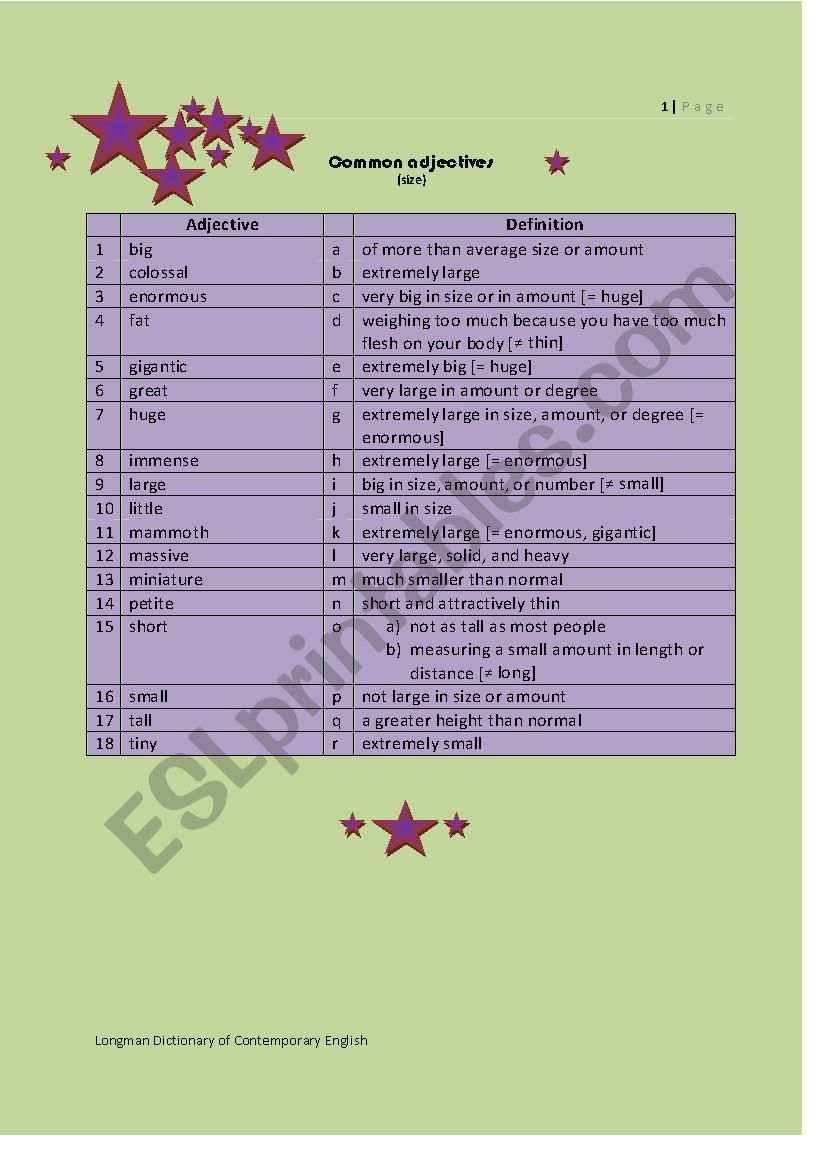 Common adjectives 10 (big to tiny)