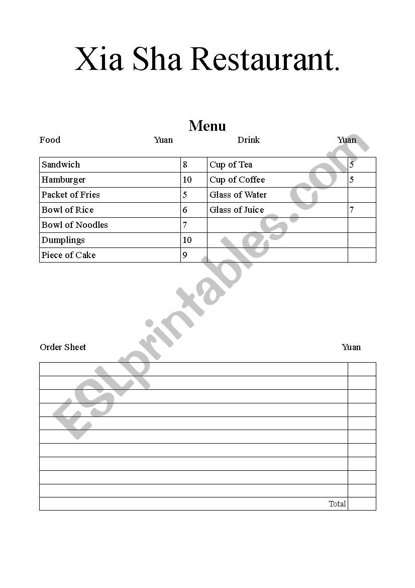 Menu and Waiter order form worksheet