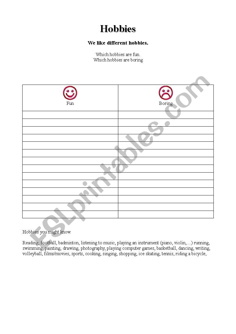 Hobbies fun or boring? worksheet