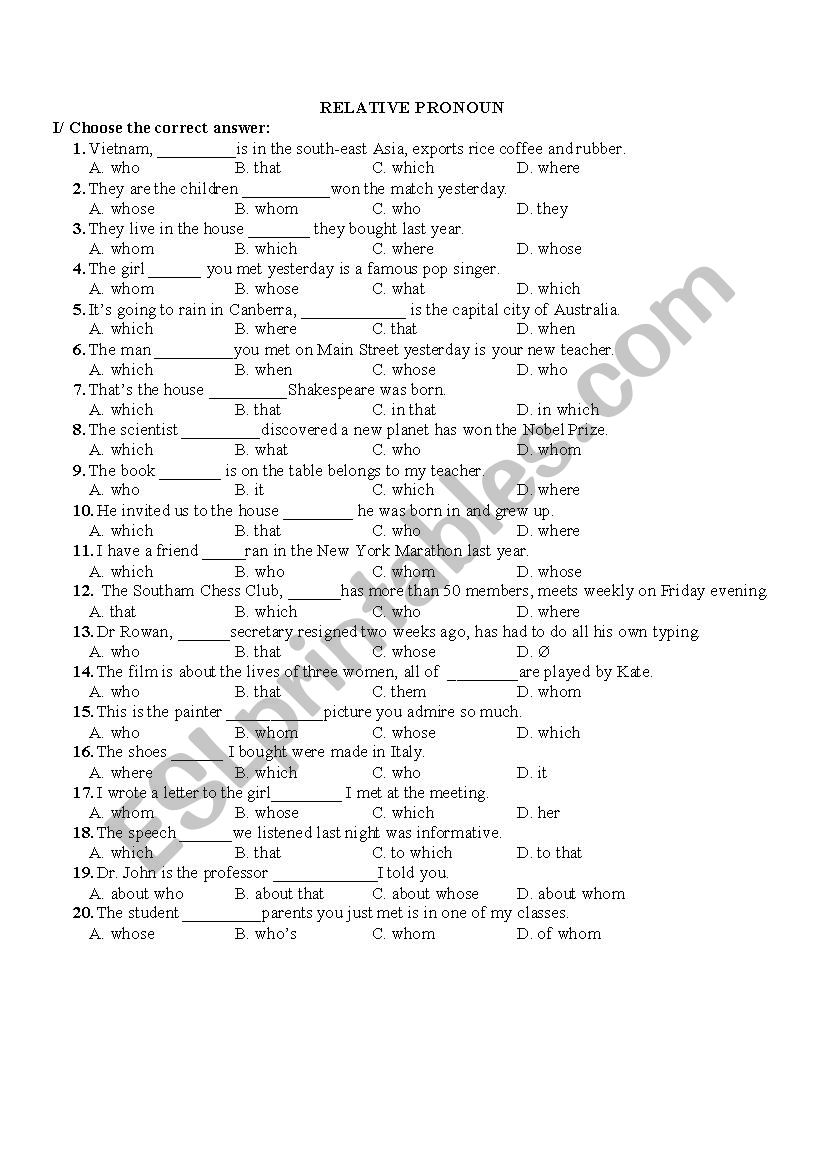 RELATIVE PRONOUN worksheet