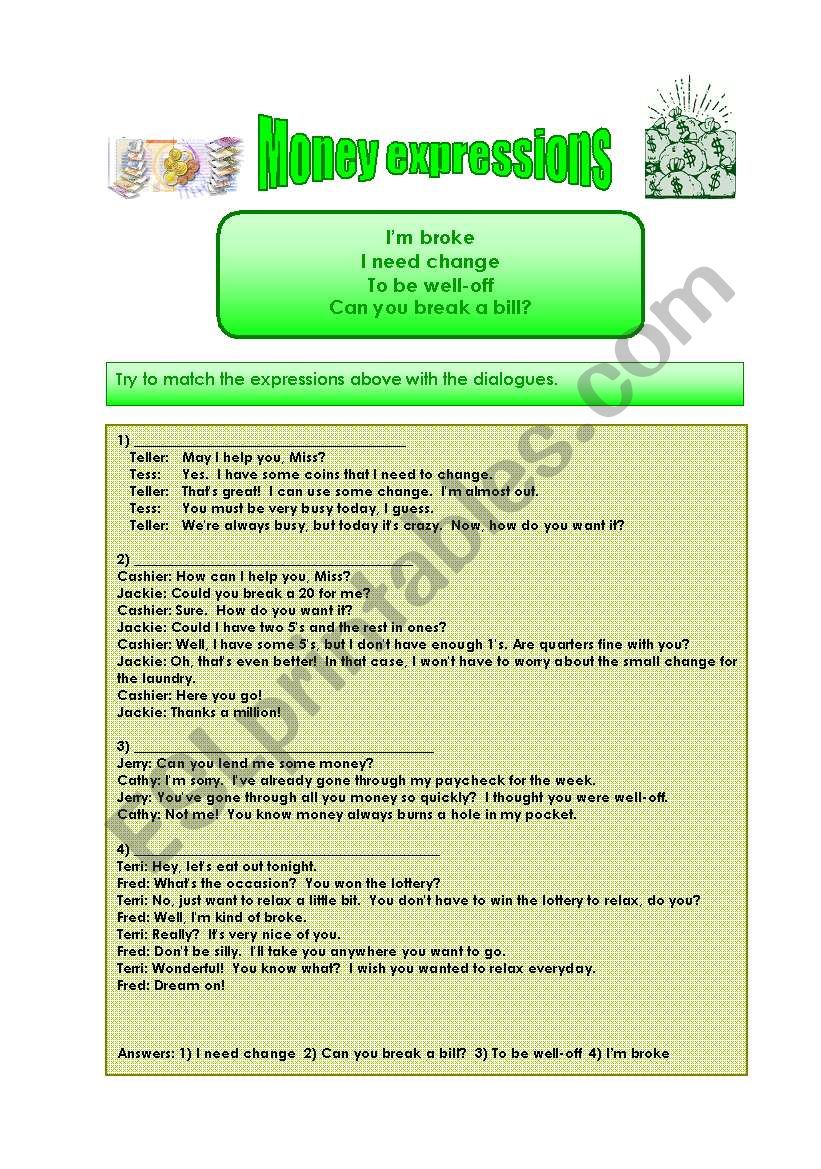 Money expressions worksheet