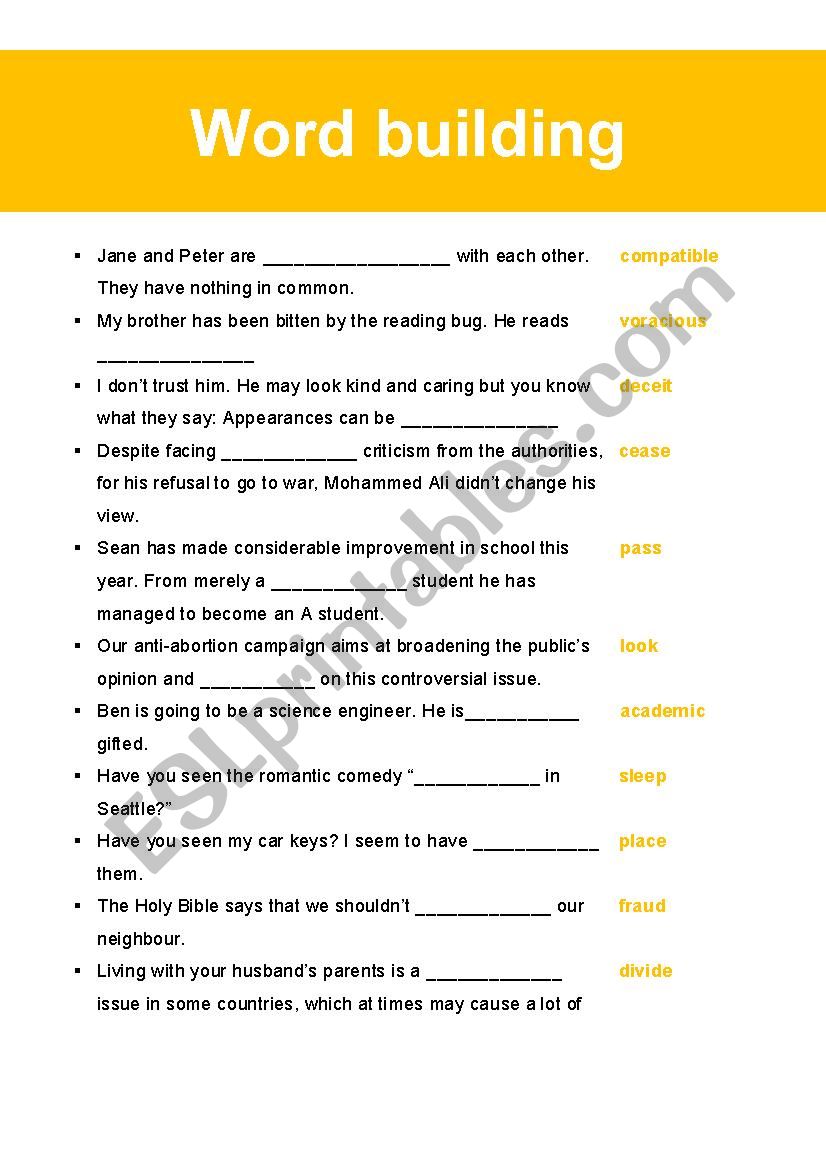 Word building worksheet