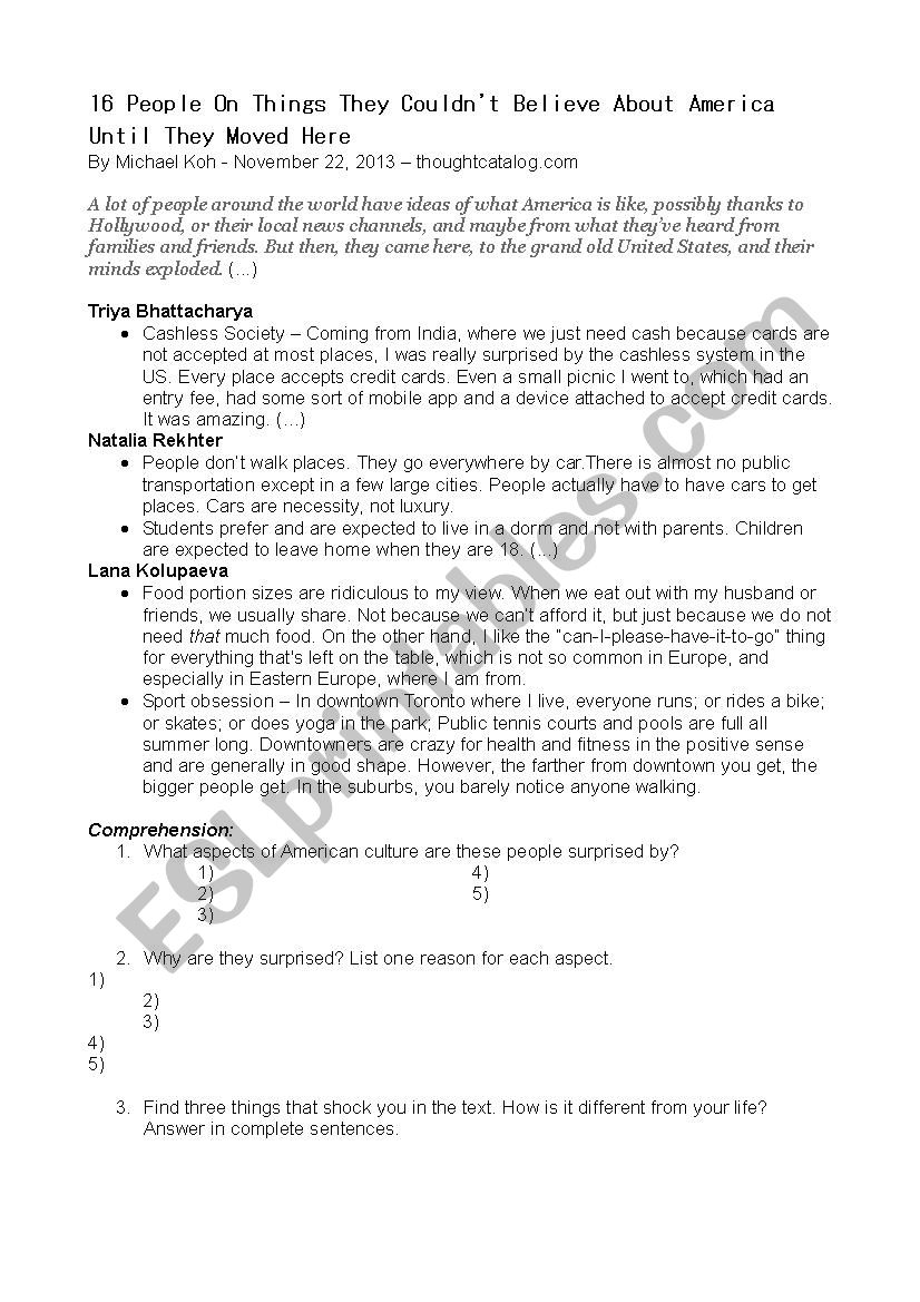 American Culture Shock worksheet