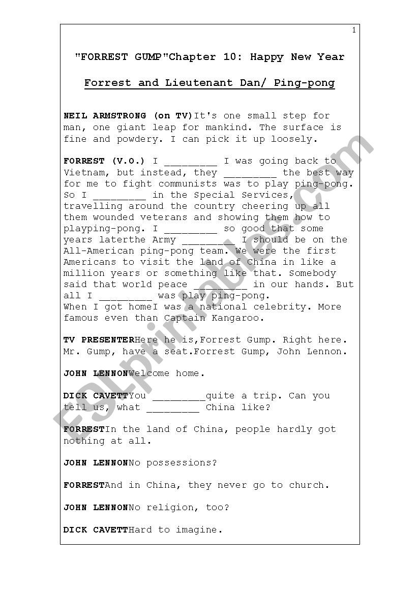 Forrest Gump Chapter 10 Movie Script Gap fill