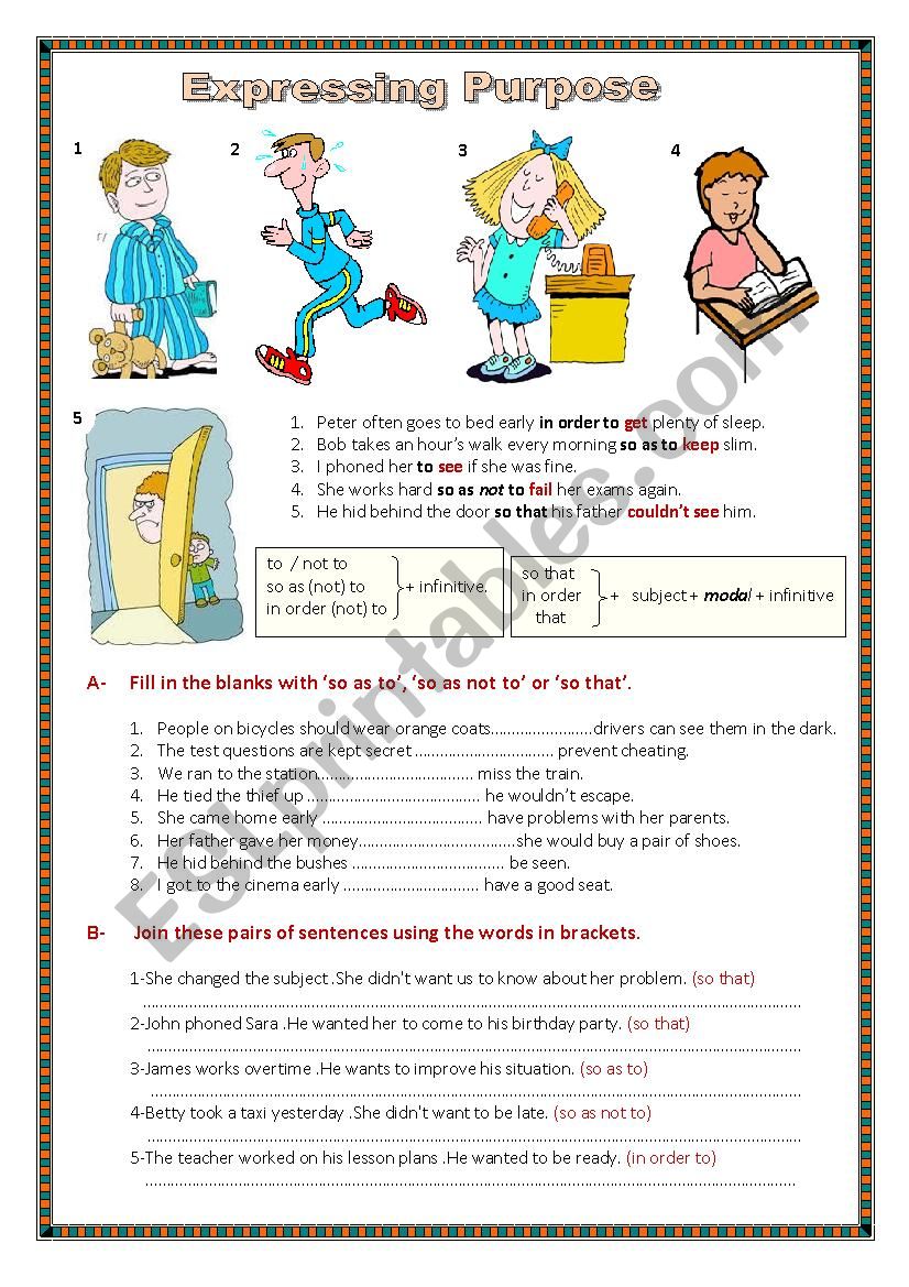 Expressing purpose. worksheet