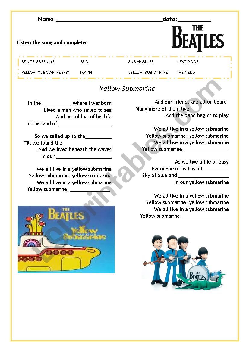 yellow submarine (lyrics) worksheet