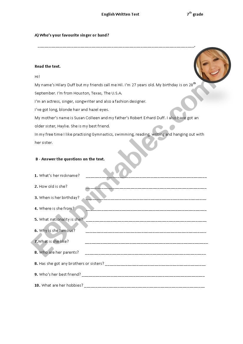 English Written Test worksheet