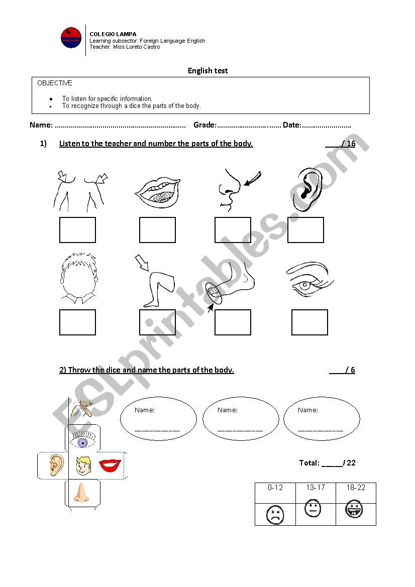 Body Parts Test worksheet