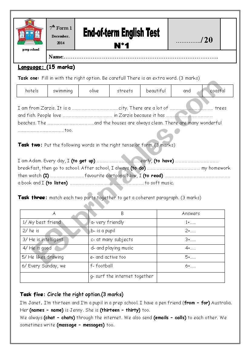 End of term test n°1 for 7th forms - ESL worksheet by Fragrant.Perfume