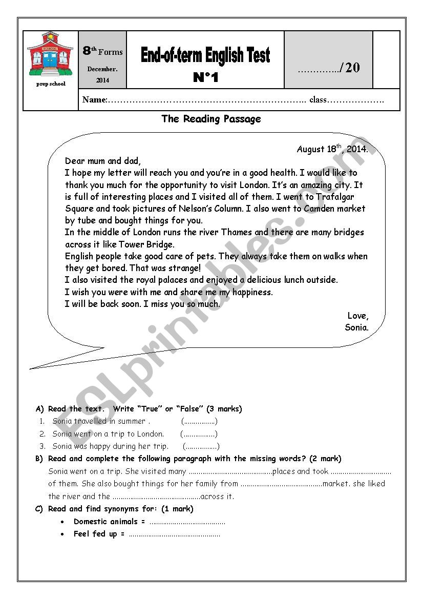 End of term test n°1 for 8h forms End of term test n°1 for 8h forms