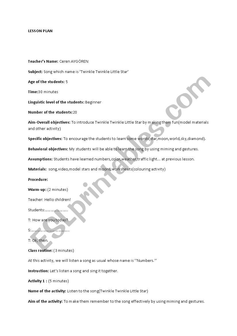 young learner lesson plan worksheet