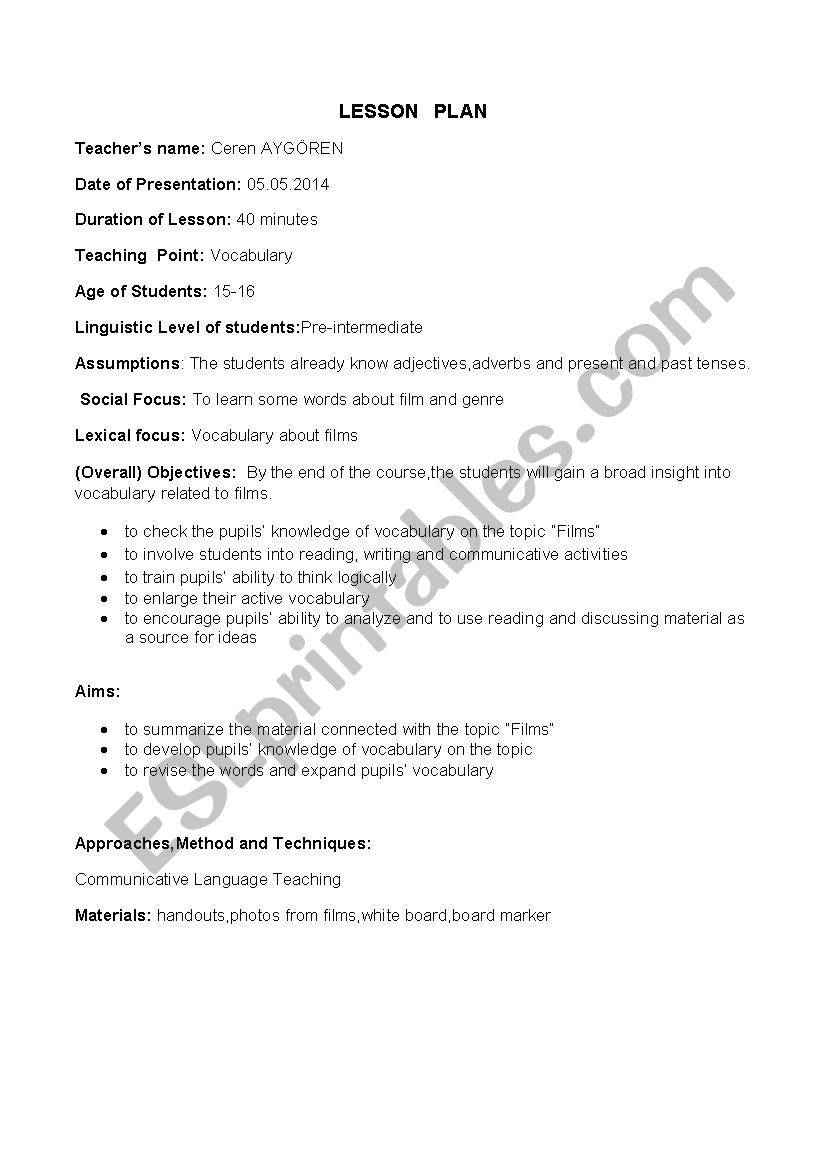 lesson plan about films and movies