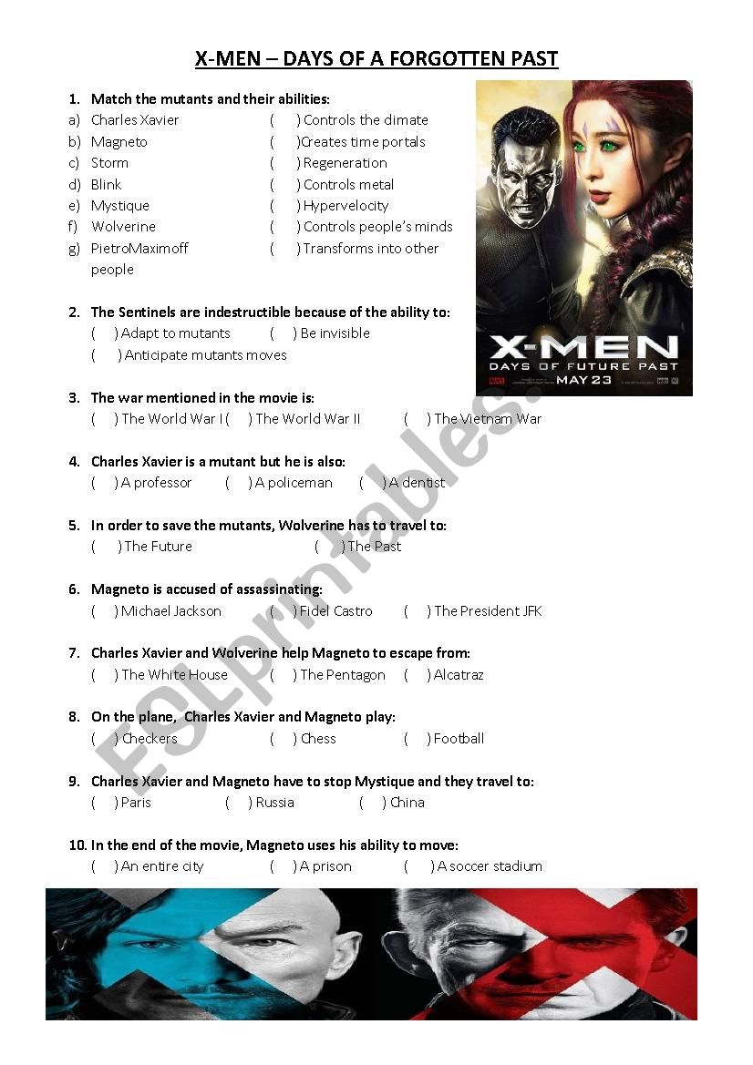 X-men- Days of a future past worksheet