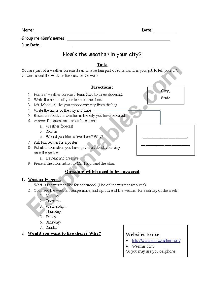 Weather forecast project worksheet