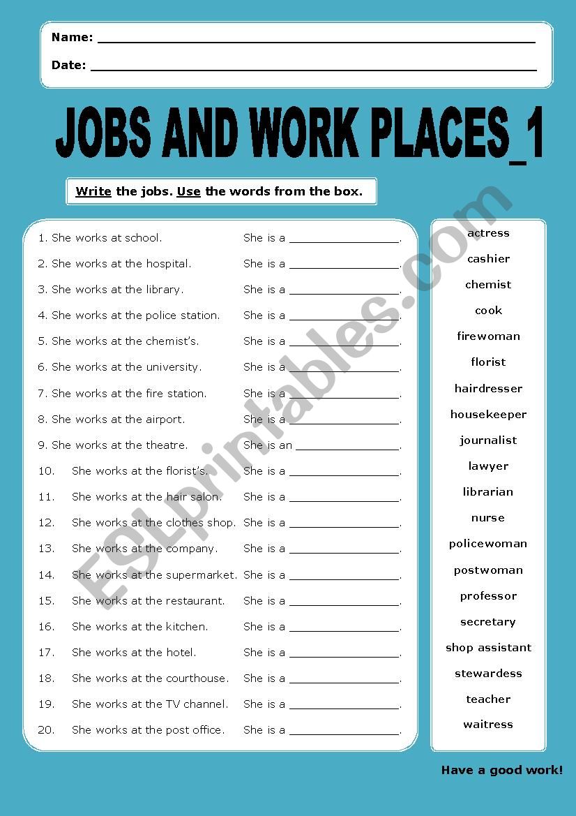 Jobs and Work Places:1 worksheet