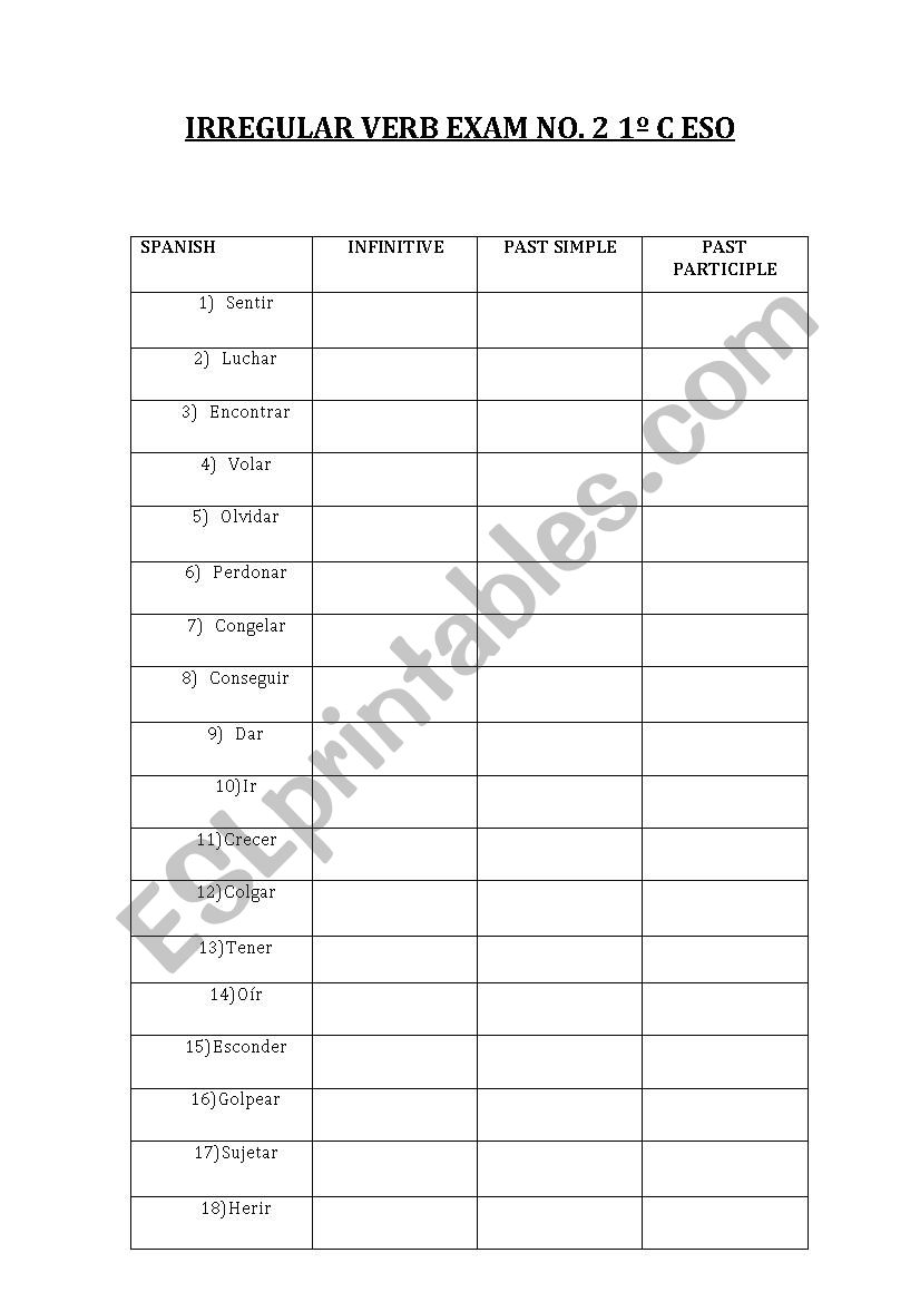 irregular verb exam worksheet