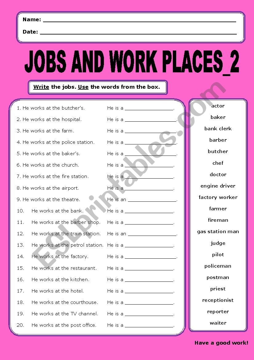 Jobs and Work Places:2 worksheet