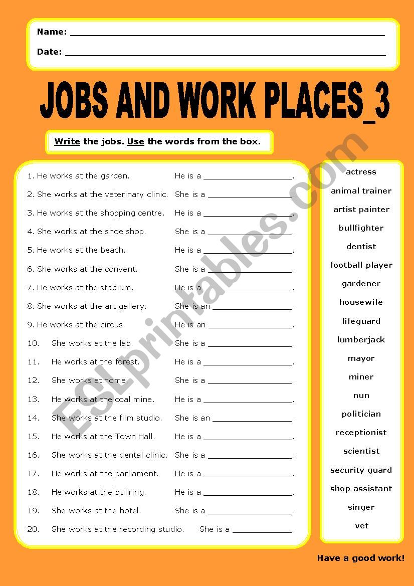 Jobs and Work Places:3 worksheet