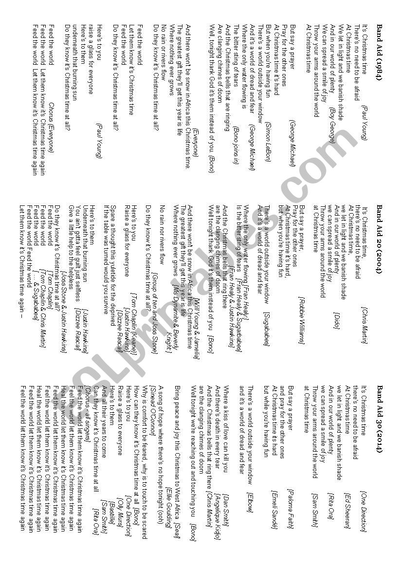 Band Aid - all versions worksheet