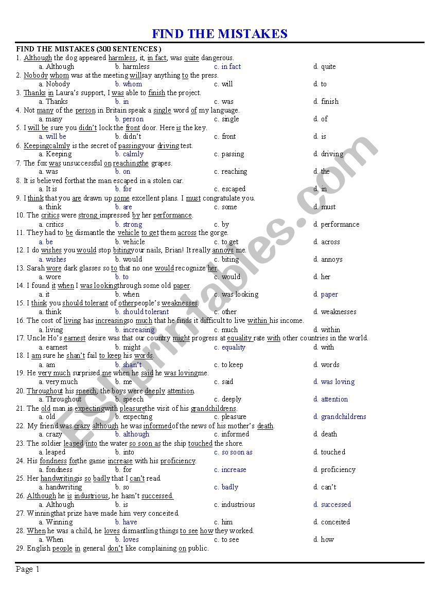 find mistake and correct worksheet