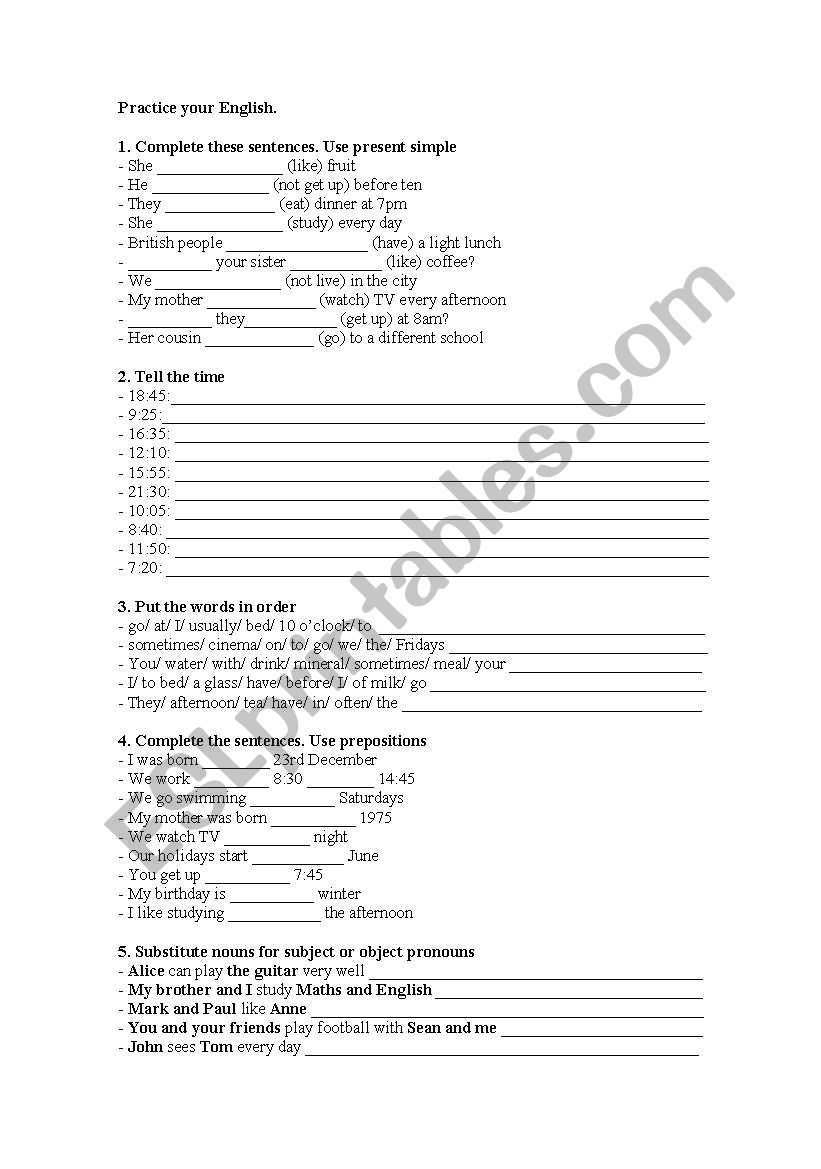 Practice your English worksheet