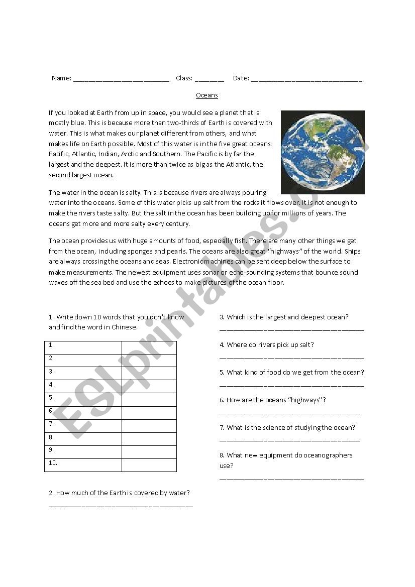 The Oceans worksheet