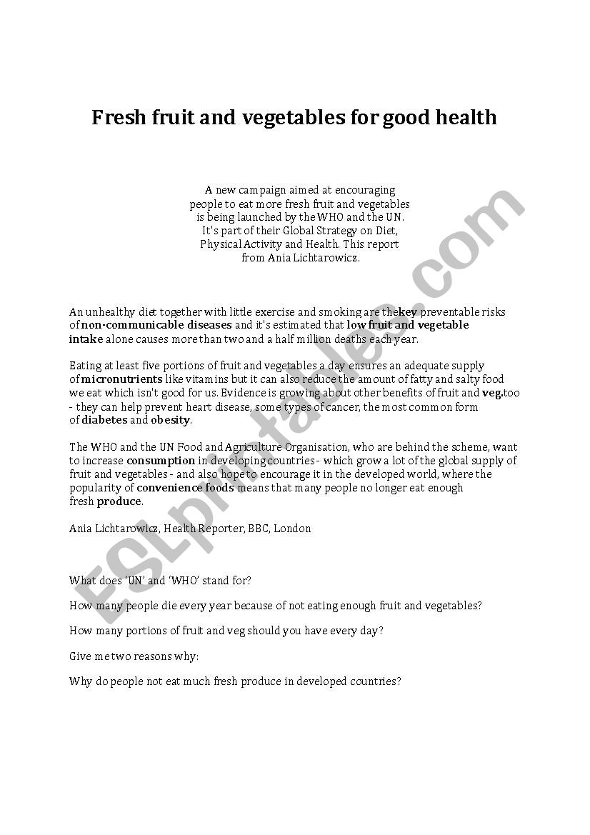 Fresh Fruit and Veg Worksheet worksheet
